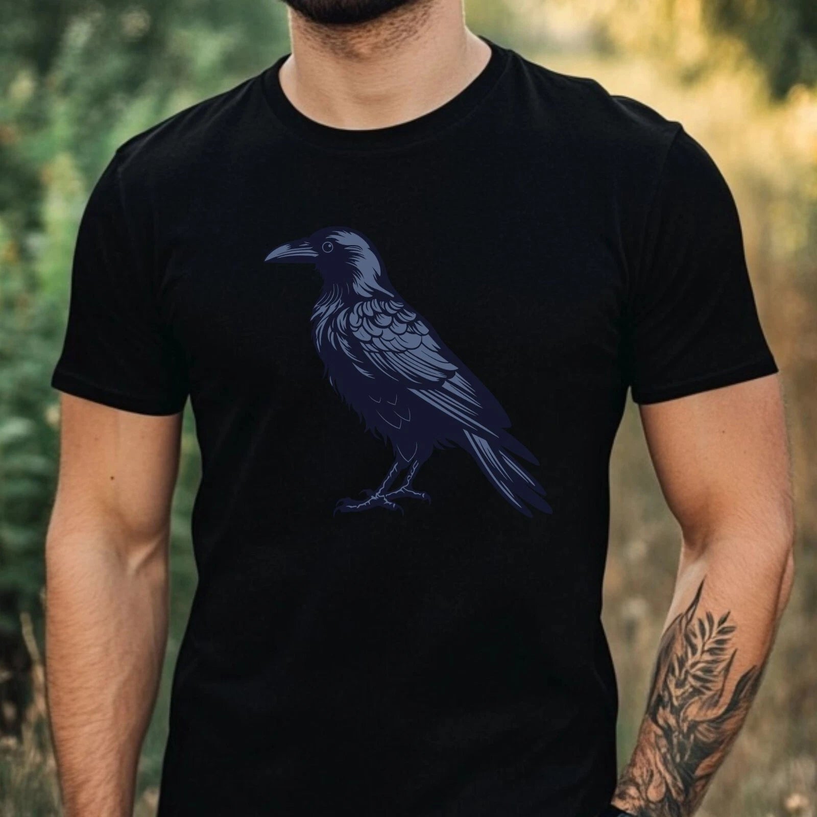 Mens Black Raven Motif Cotton T-Shirt Size XS to 5XL