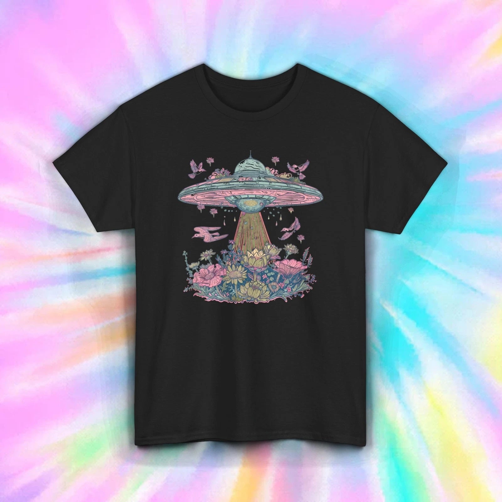 UFO Floral Shirt Pastel Alien Spaceship Abduction Flowers Art Tee S-5XL