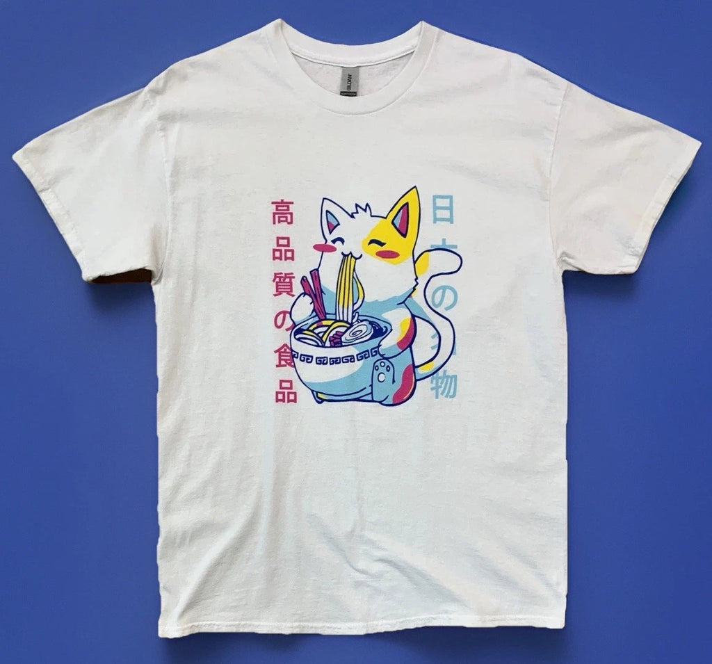 Kawaii Anime Japanese Neko Cat Eating Ramen Noodles T-shirt White Size Large