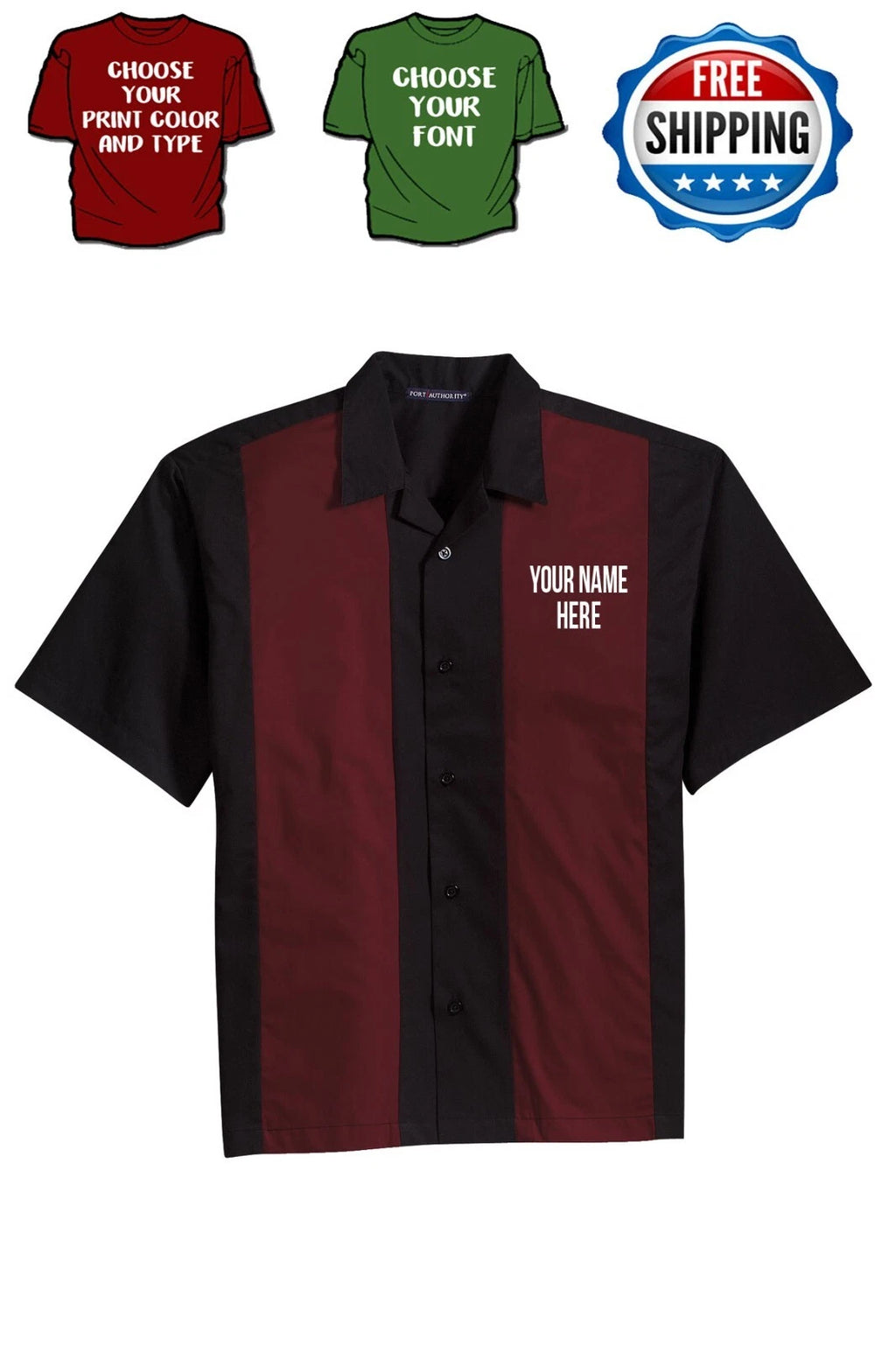 Personalized Port Authority Black & Burgundy Bowling Shirt Vinyl/Glitter Print
