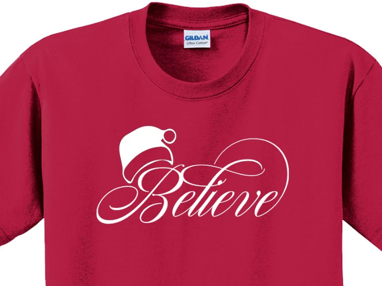 Believe Christmas Holiday T-Shirt Short Sleeve Graphic Tee Unisex apparel Text