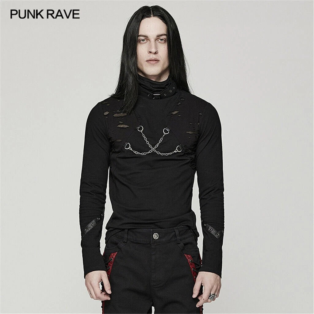 Punk Rave Men Long Sleeve Top Punk Gothic Street Style Broken Hole Slim T-Shirt