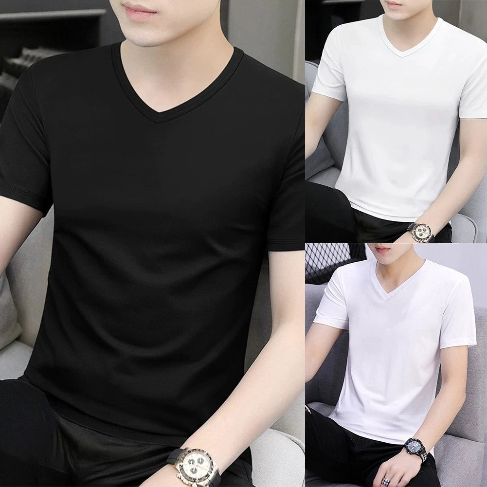 Hot Men's Casual Solid Color Short Sleeve Tee with V Neck for Street Style