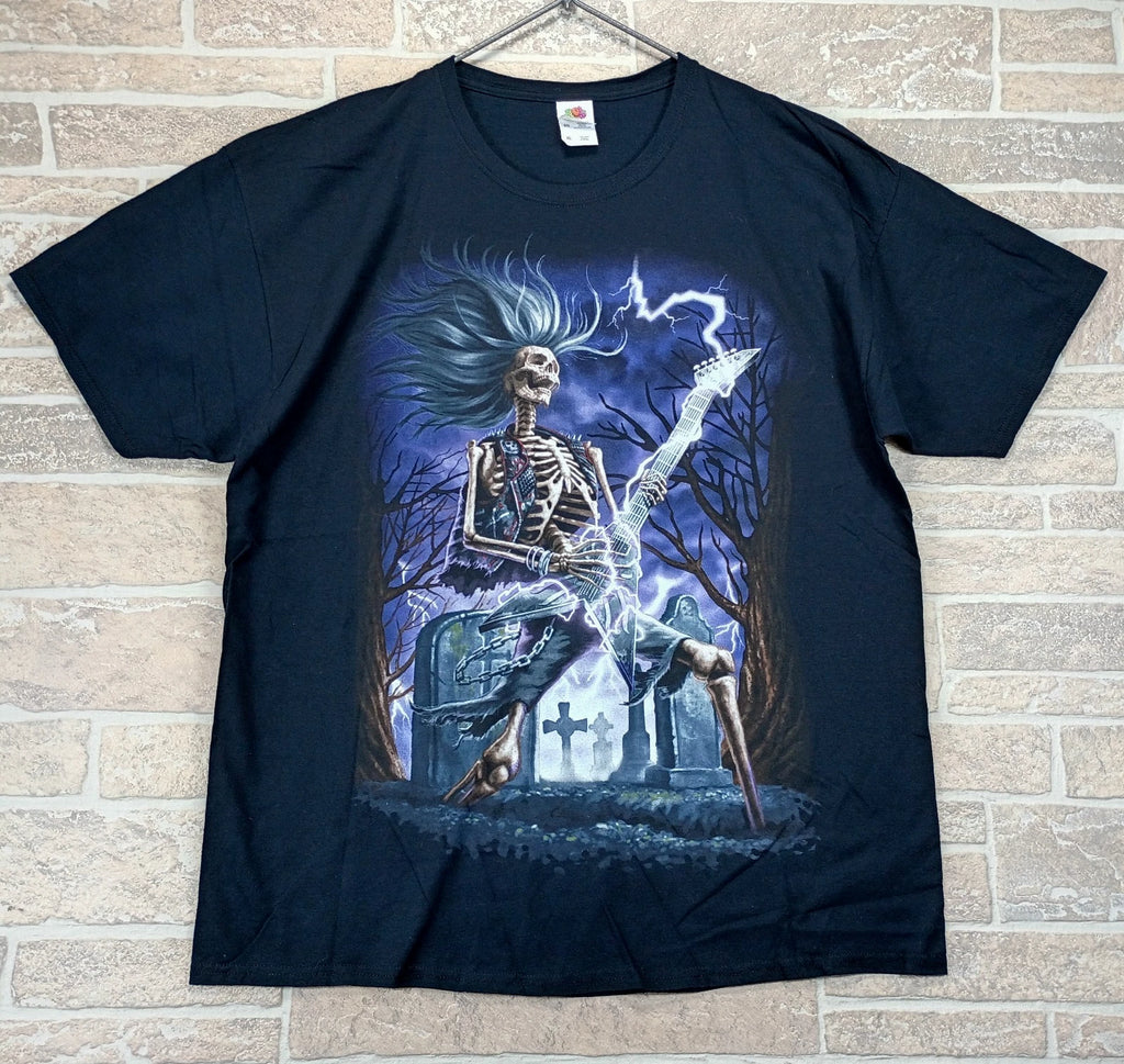 Graveyard Guitar Shirt XL Black Skeleton Zombie Rockstar Lightning Bolt Y2K Tee
