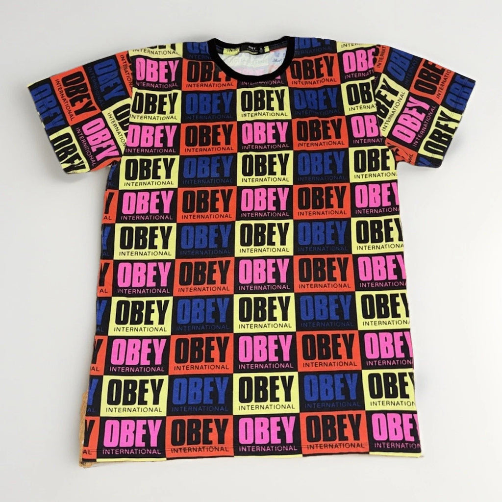 OBEY Pop Art All Over Print T-Shirt Medium 21x29 Streetwear Skater Vintage AOP