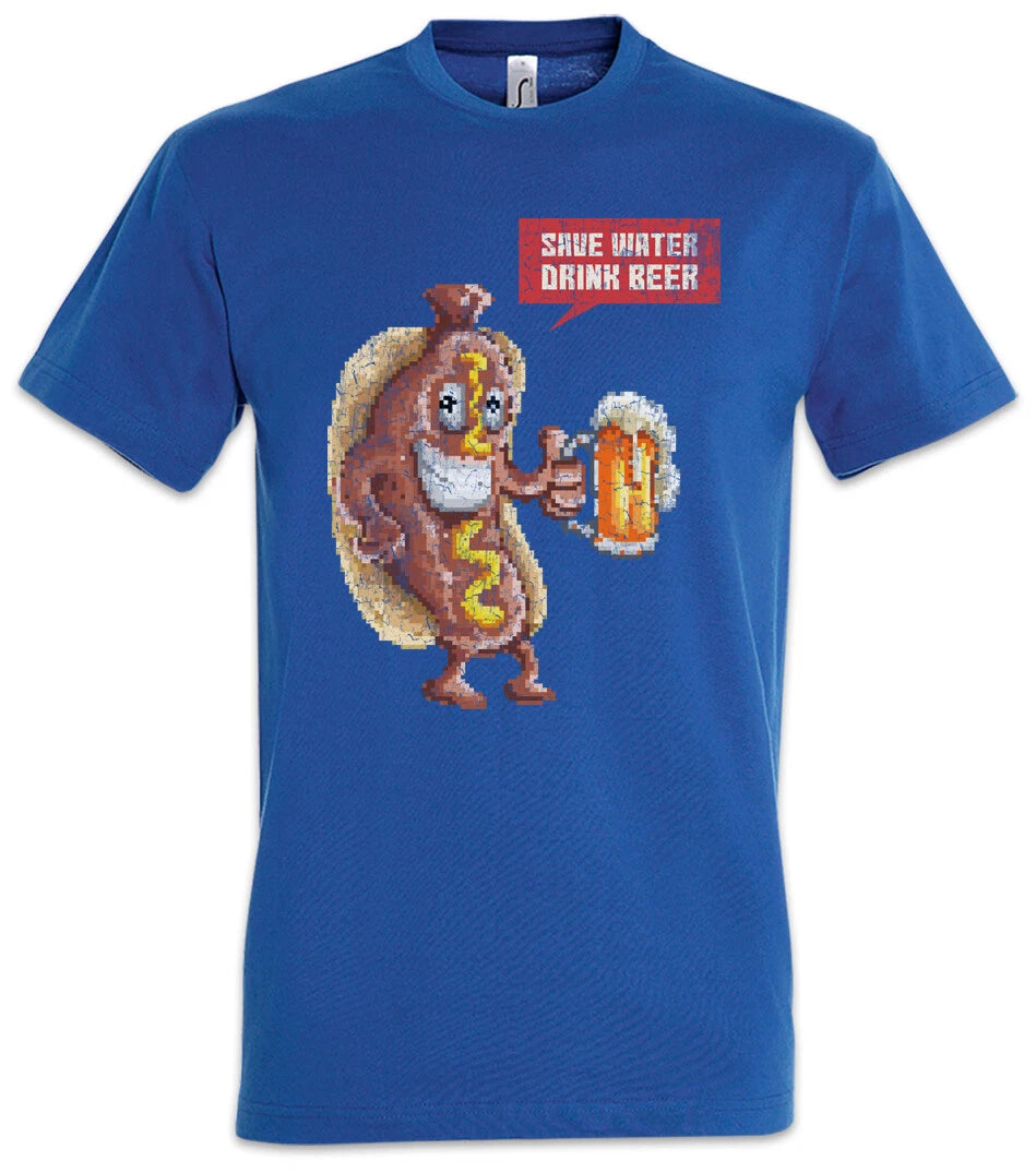Hotdog Save Water Drink Beer T-Shirt Drunk Party Alcohol Fun Brewer Pixel Retro