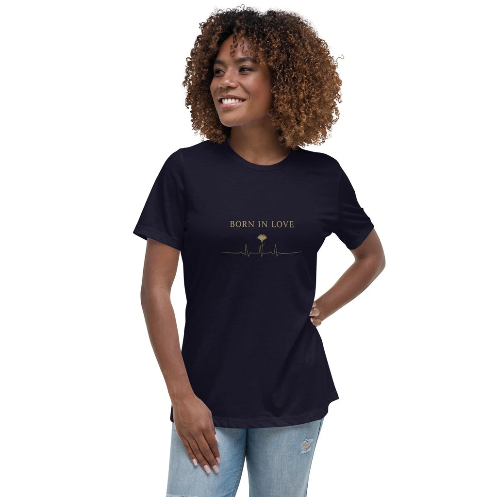 Women’s Relaxed T-Shirt Born in Love Heartbeat Flower Minimalist Design