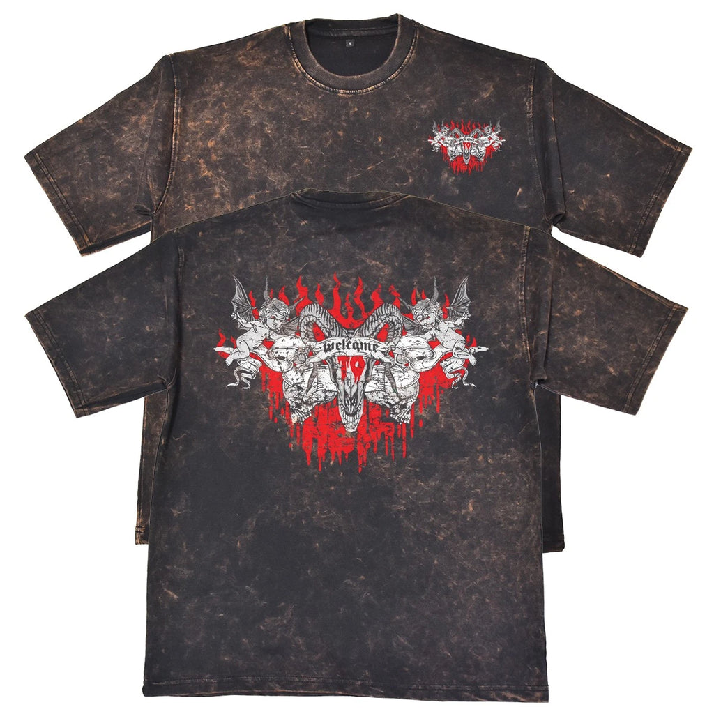 Welcome To Hell Unisex Mens Rust 240gsm French Terry Acid Wash T-Shirt Gothic
