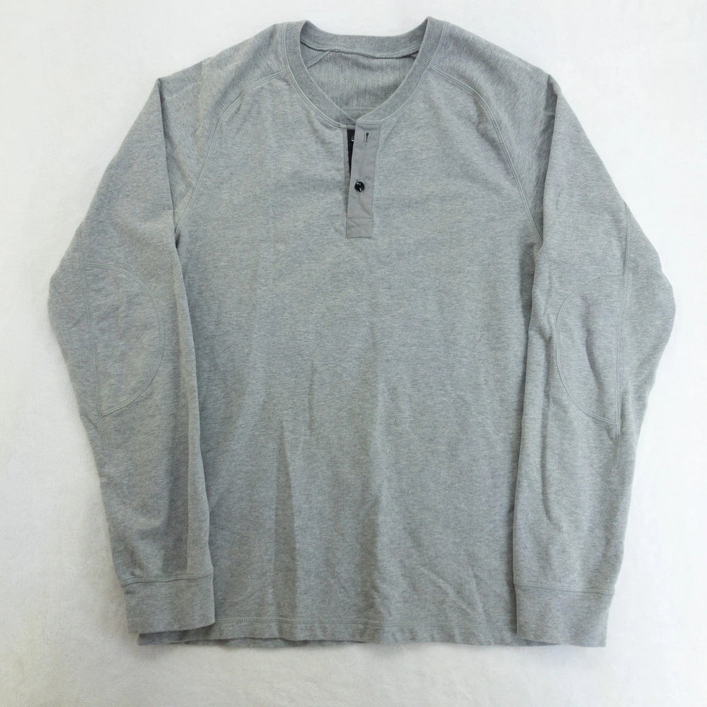 Lululemon Henley Shirt Mens Large Grey Long Sleeve Elbow Patch Pullover Preppy