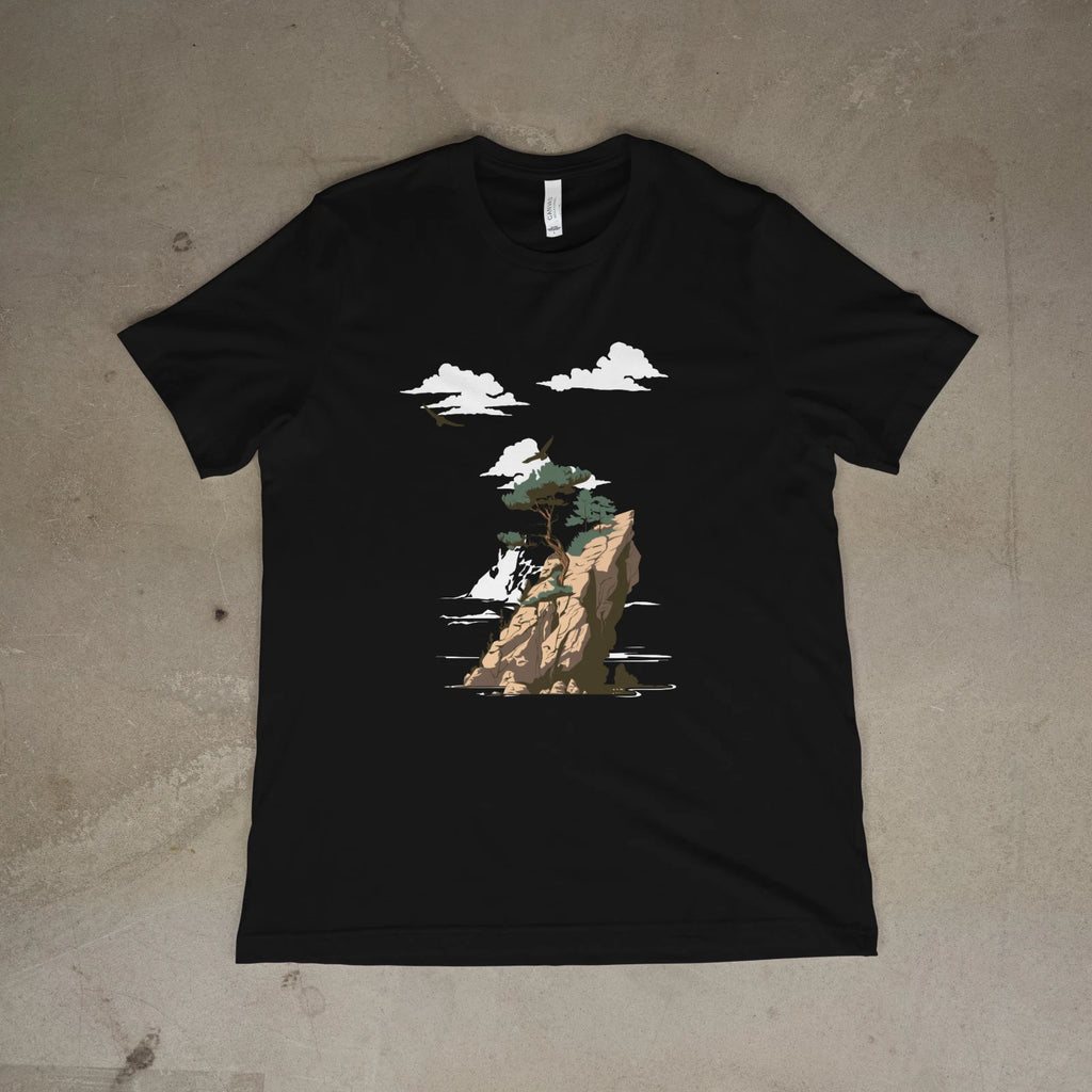 Cliffside Tree Ocean Landscape Nature Art Minimalist Outdoor Graphic T-Shirt