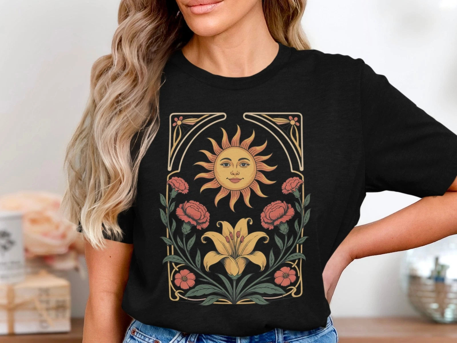 Floral Sun Art Nouveau T-Shirt, Vintage Aesthetic Sun Tee, Boho Retro Style Gift