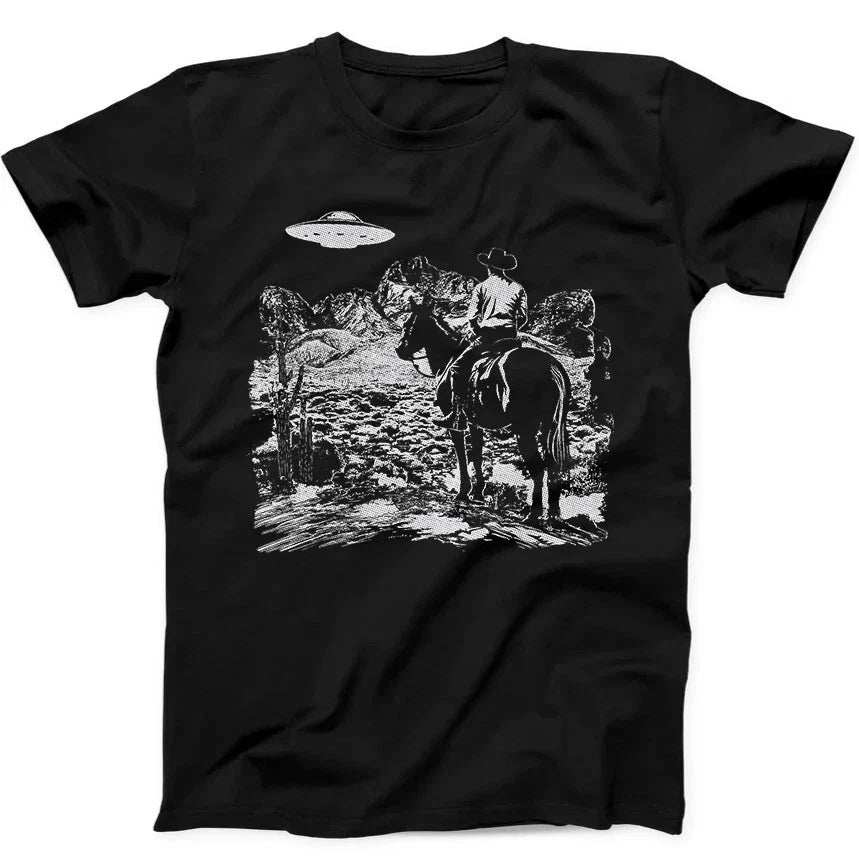 Cowboy UFO Western Weird Best Seller Funny Gift Black Tee T Shirt 334