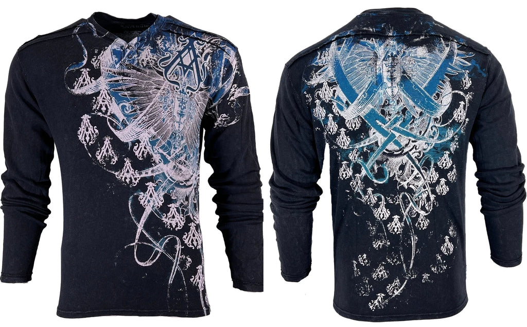 Archaic by Affliction Men's Thermal Shirt WOODCUTS Black Biker