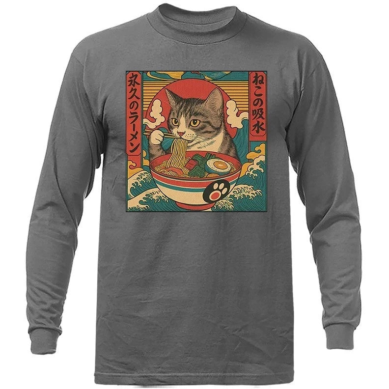 Cat Eating Ramen Noodles Kawaii Anime Manga Japanese Food Humorous Long Sleeve