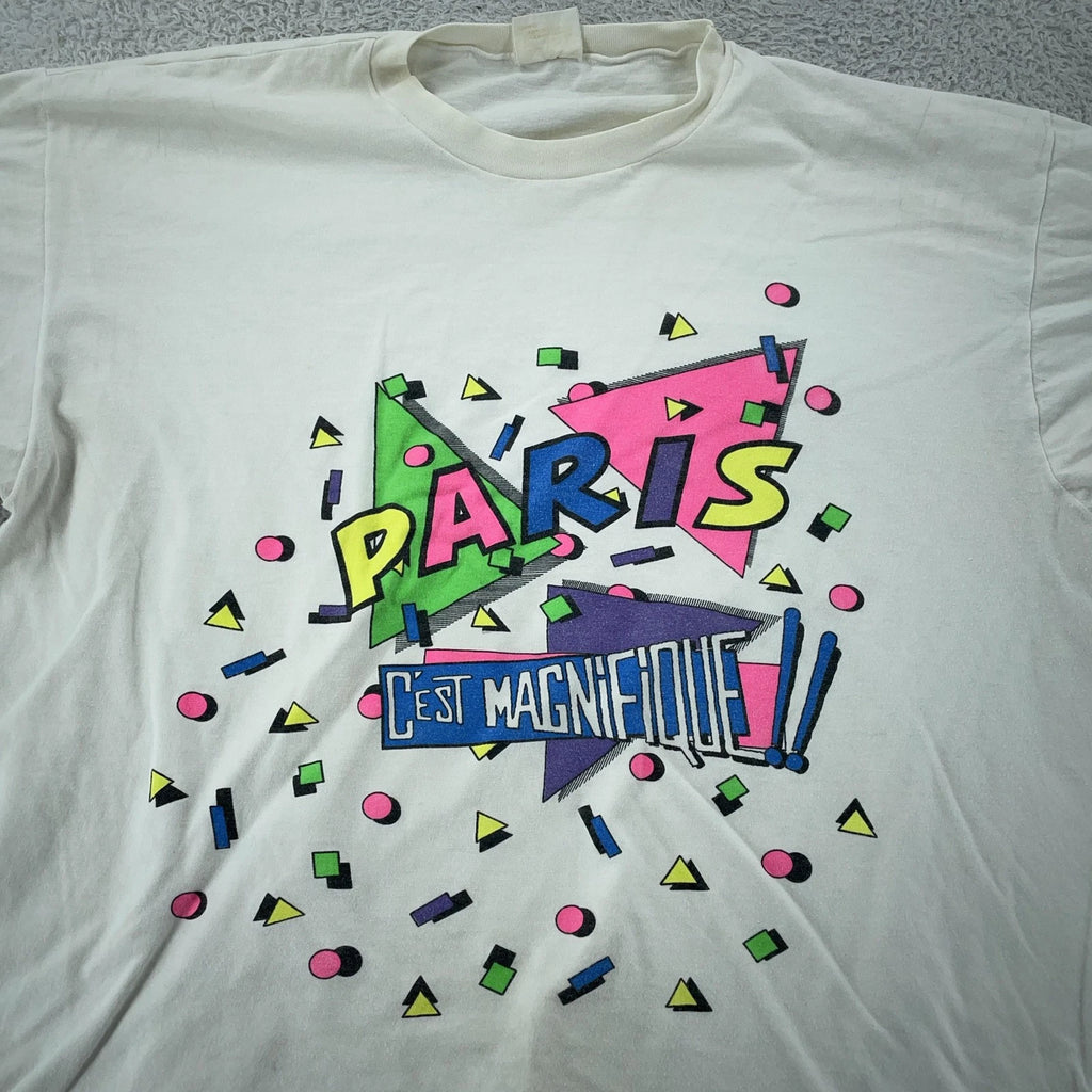 Vtg Paris C'est Magnifique Tourist Tee Shirt FITS XL White France French Pop Art
