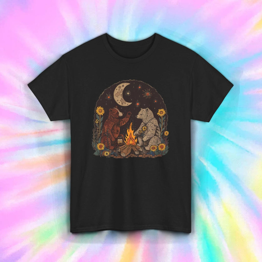 Camping Bear Shirt Campfire Coffee Forest Moon Boho Outdoors Vibes Tee S-5XL