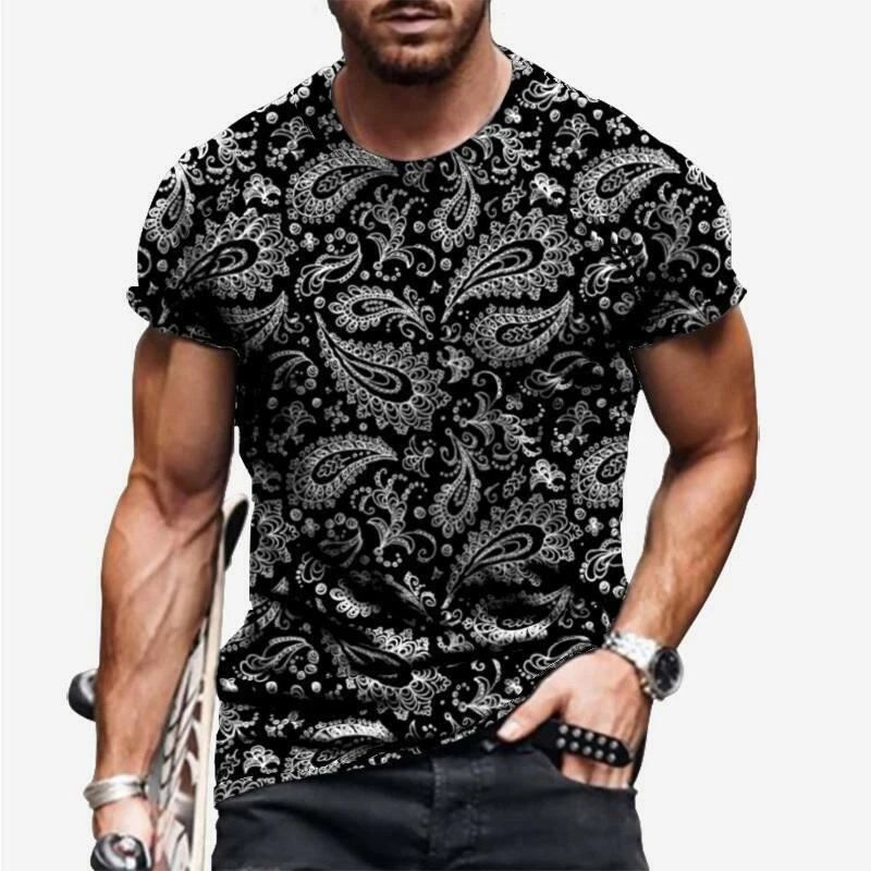 Camiseta Hombre Paisley Moda Manga Corta Negro Casual Moda Suave Camisa Tee Top