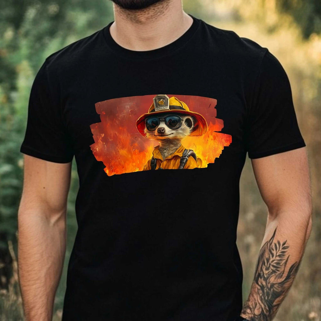 Men's Meerkat as Firefighter Motif Cotton T-Shirt Size XS to 5XL