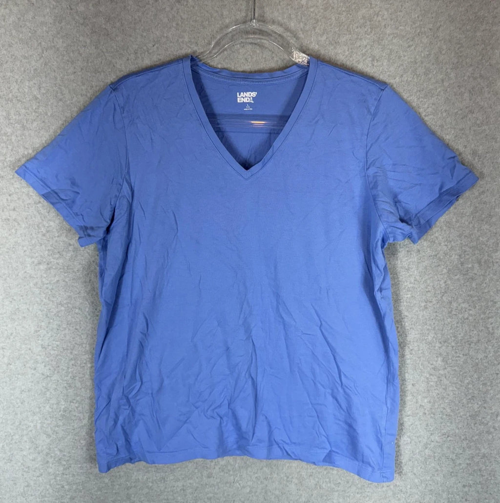 Lands End Shirt Mens Large Blue V Neck Soft Cotton Casual Lightweight Tee