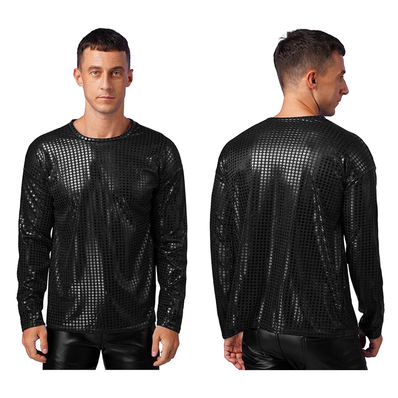 Men's Sparkle Sequin T-Shirts Long Sleeve Shiny Nightclub Tops Party AU