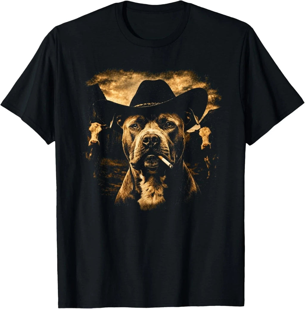 Pit Bull Western Graphic Cowboy Dog Smoking T-Shirt