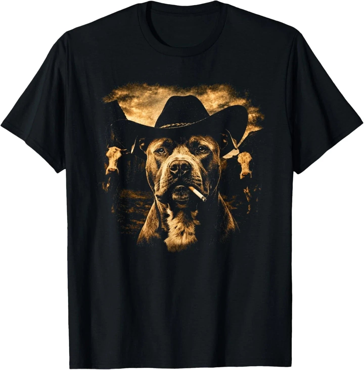Pit Bull Western Graphic Cowboy Dog Smoking T-Shirt
