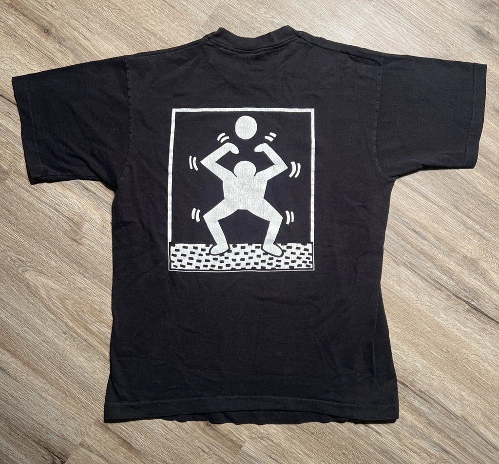 Vintage 80s New York Urban Volleyball Keith Haring Pop Art T Shirt Black Large