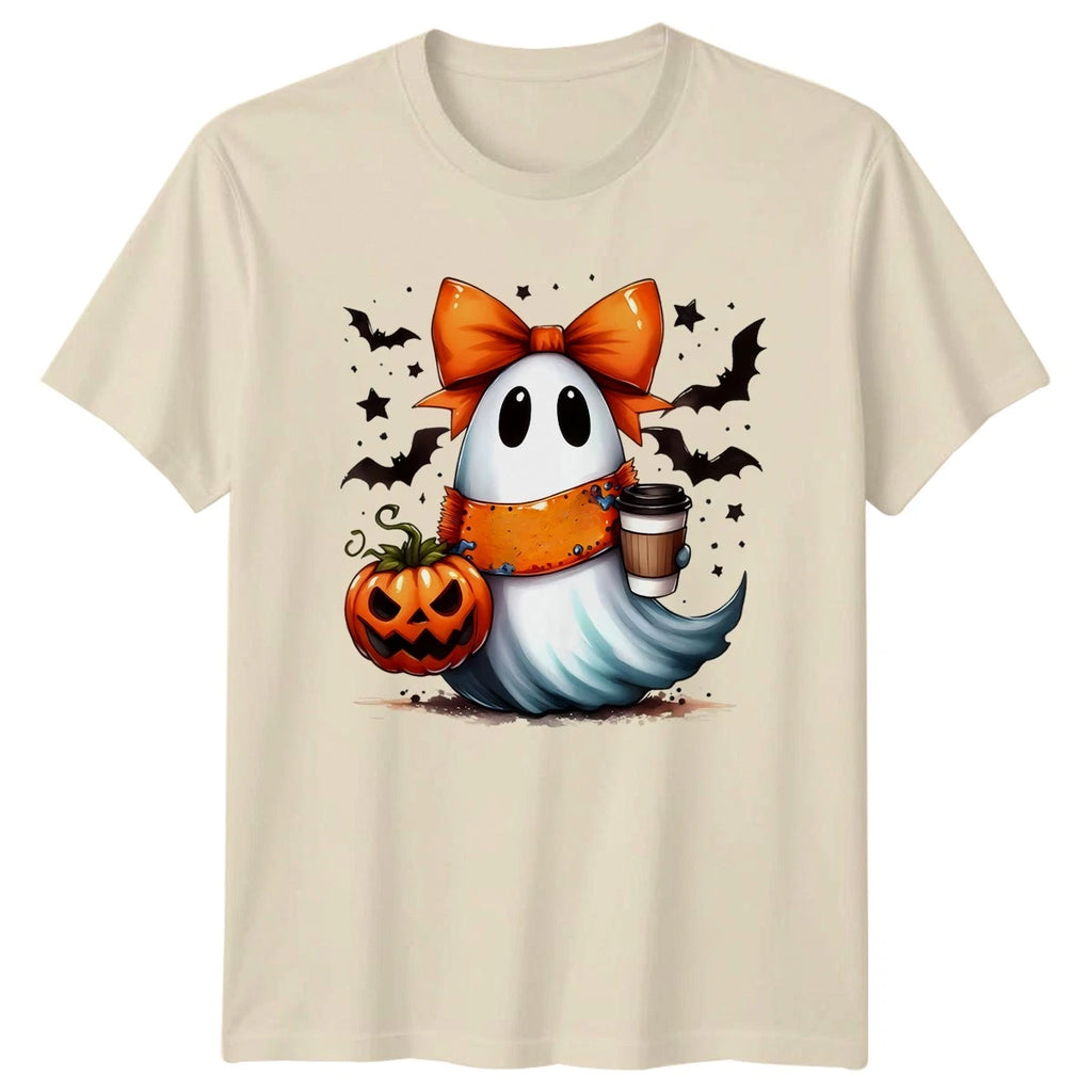 Cute Ghost Pumpkin Coffee Autumn Halloween Mens Womens Graphic Tee
