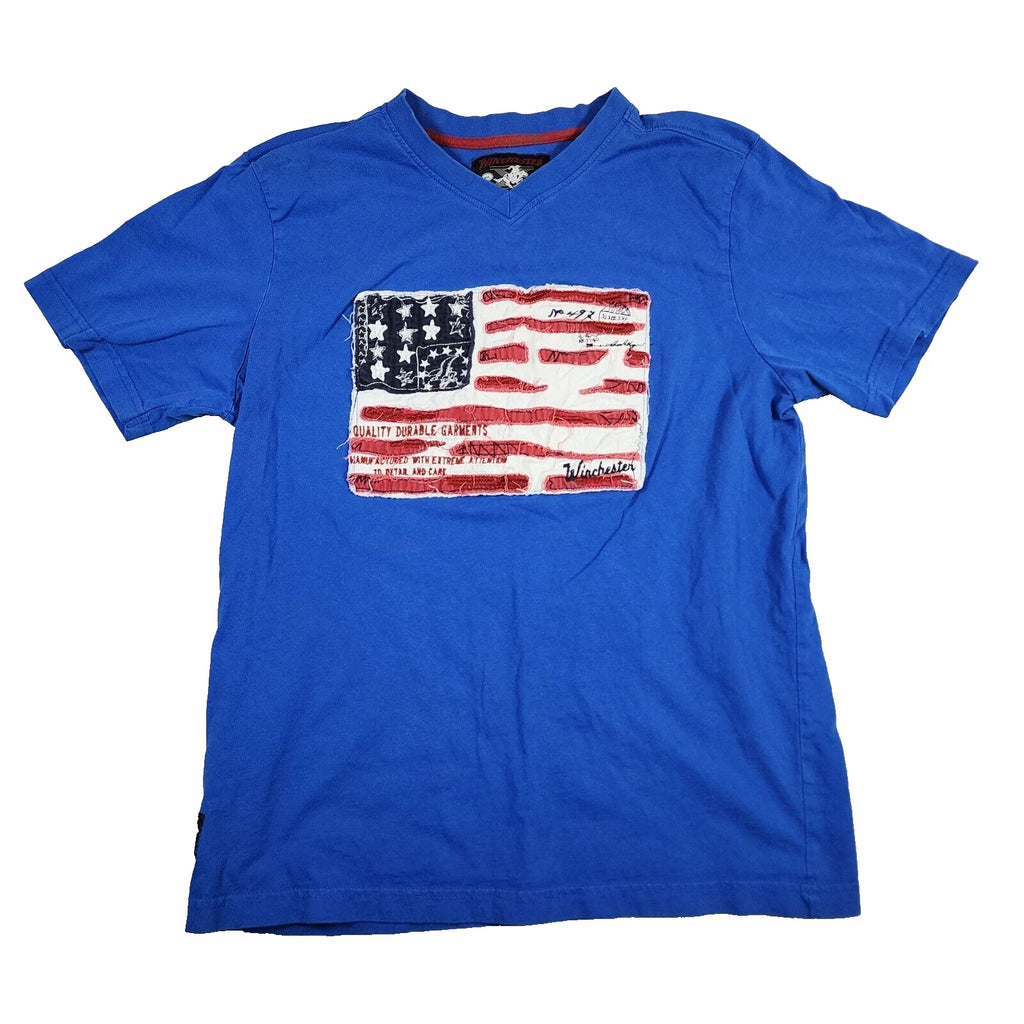 Winchester Blue V-neck American Flag Graphic Short Sleeve Casual T-shirt Sz M