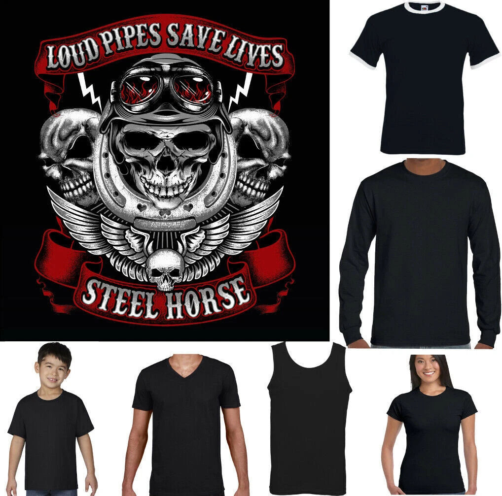 LOUD PIPES SAVES LIVES T-Shirt  Mens Biker Motorbike Motorcycle Steel Horses Top