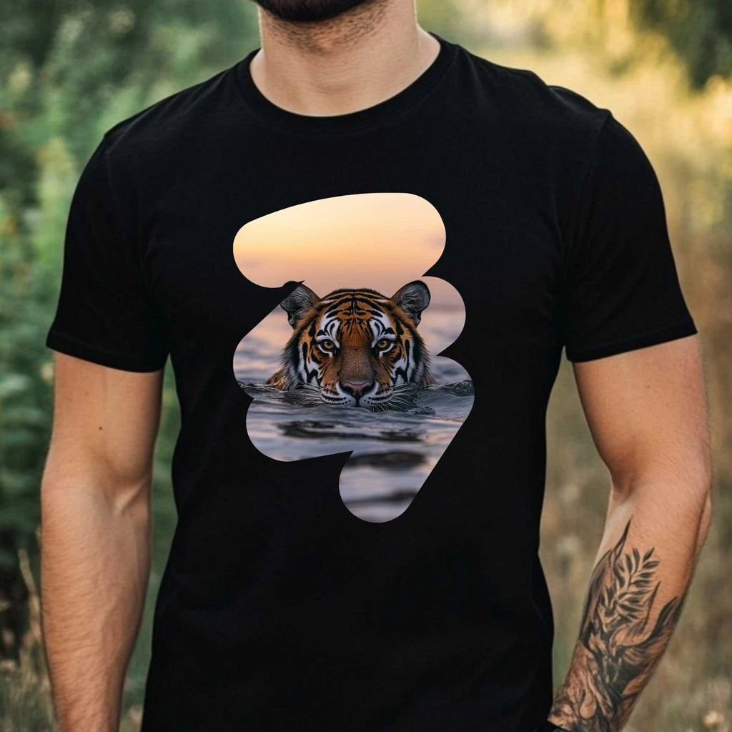 Mens Tiger Swimming In The Sea Motif Cotton T-Shirt Size XS to 5XL