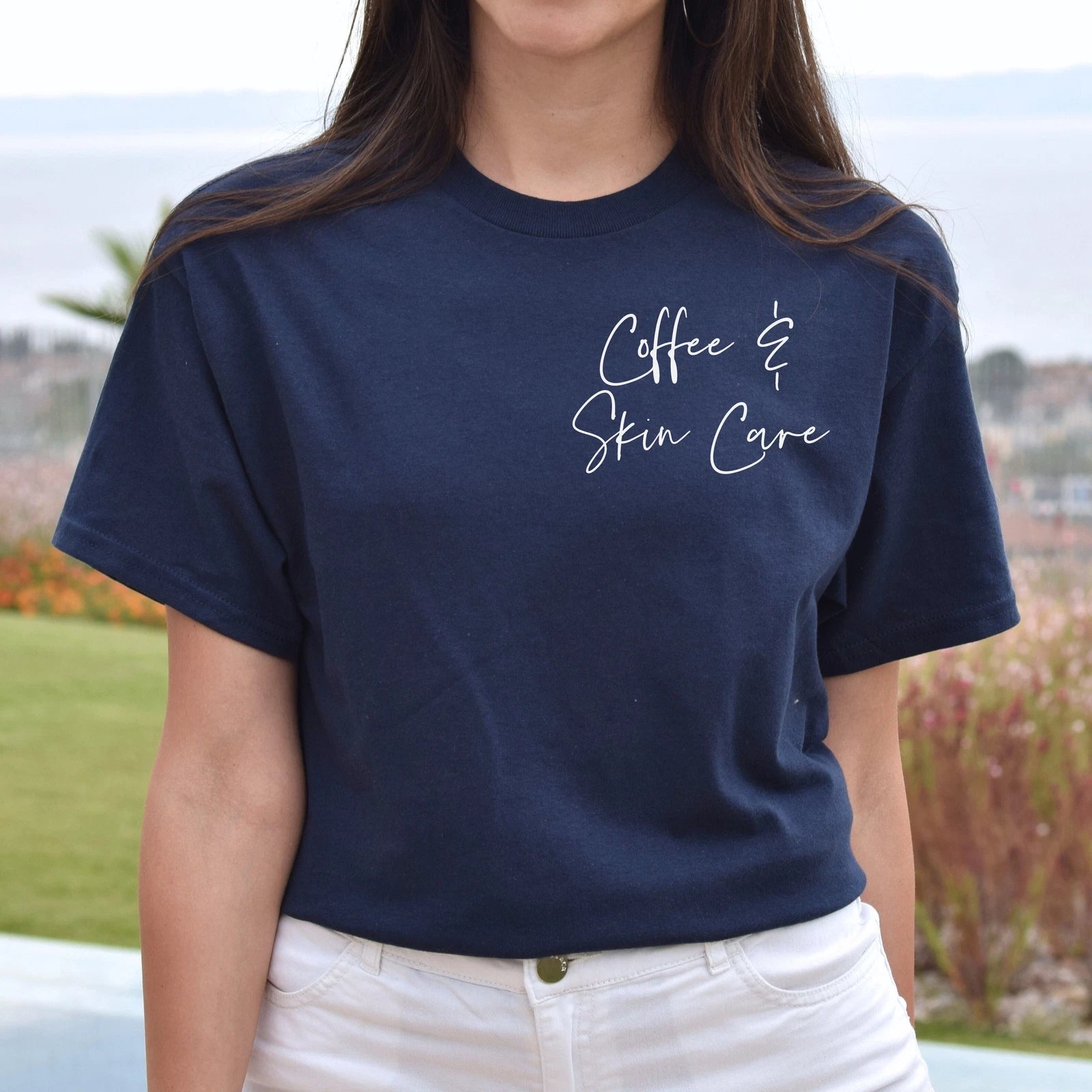 Coffee and skin care pocket Unisex T-shirt Esthetician tee Black Navy Dark Heath