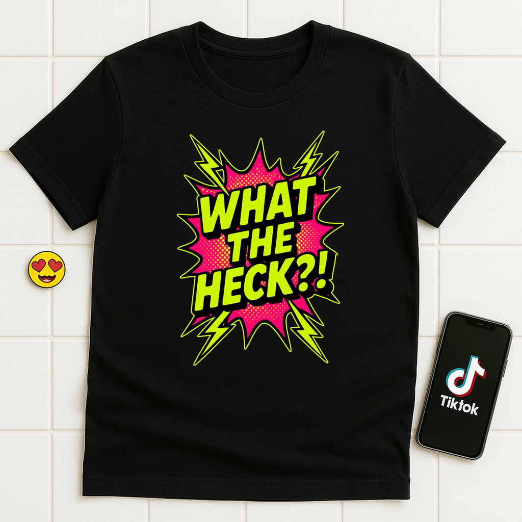 What The Heck Shirt Funny Meme Tee Neon Pink Comic Burst Pop Art Graphic Top