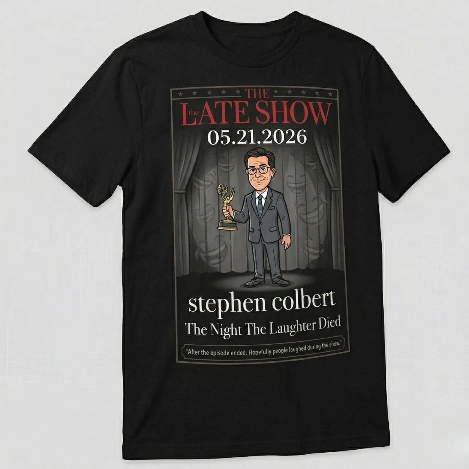 Midnight Talk Show Host Graphic Tee Black Cotton Shirt Cartoon Style Comedy Fan