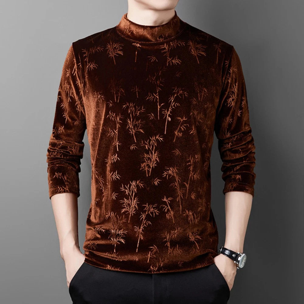 Men Velvet T-shirts Top Blouse Shirs Plush Floral Tulte Neck Retro Printed Basic