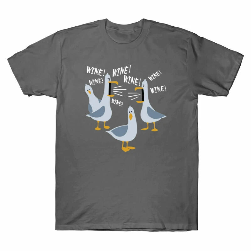 Wine? T-Shirt Funny Tee Seagulls Gift For Wine Wine! Wine! Lovers Men's Cotton