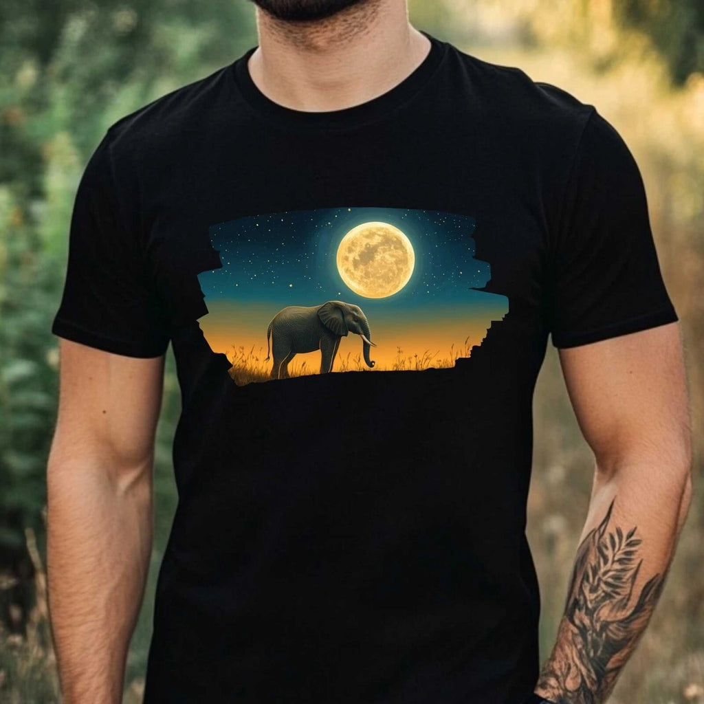 Mens Elephant and Full Moon Motif Cotton T-Shirt Size XS to 5XL