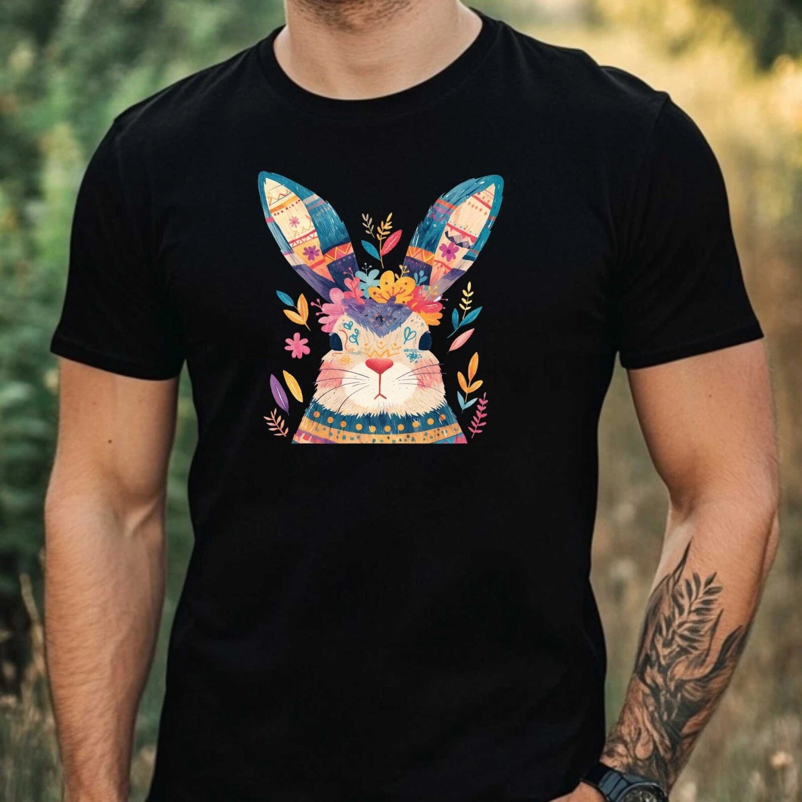 Mens Boho Watercolour Bunny Motif Cotton T-Shirt Size XS to 5XL