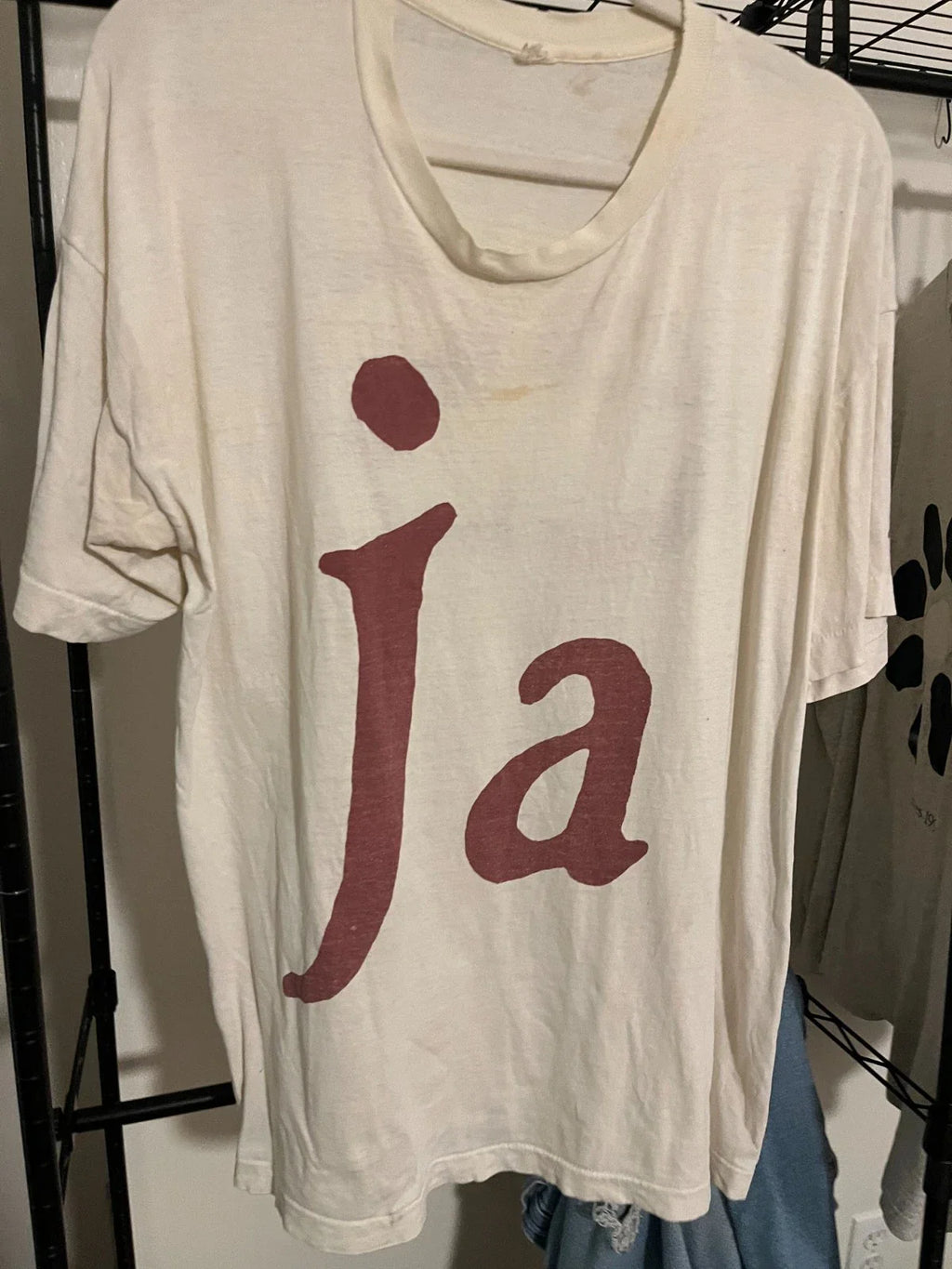 Vintage JAMES t-shirt 1990 White over size shirt with oxblood lettering