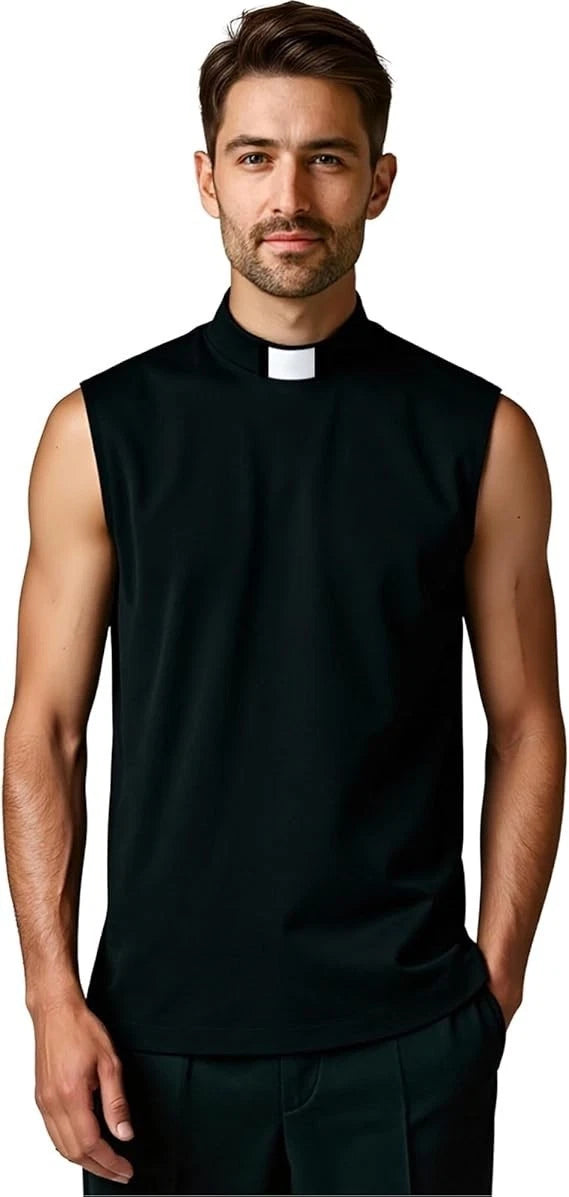 Mens Clergy Shirt Sleeveless Priest Vicar T Shirt Pastor Shirts Clerical Shirt