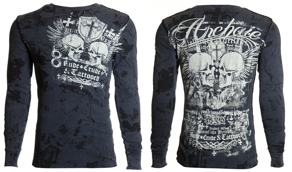 Archaic by Affliction Men's Thermal Shirt CRUDE Skull Biker Charcoal
