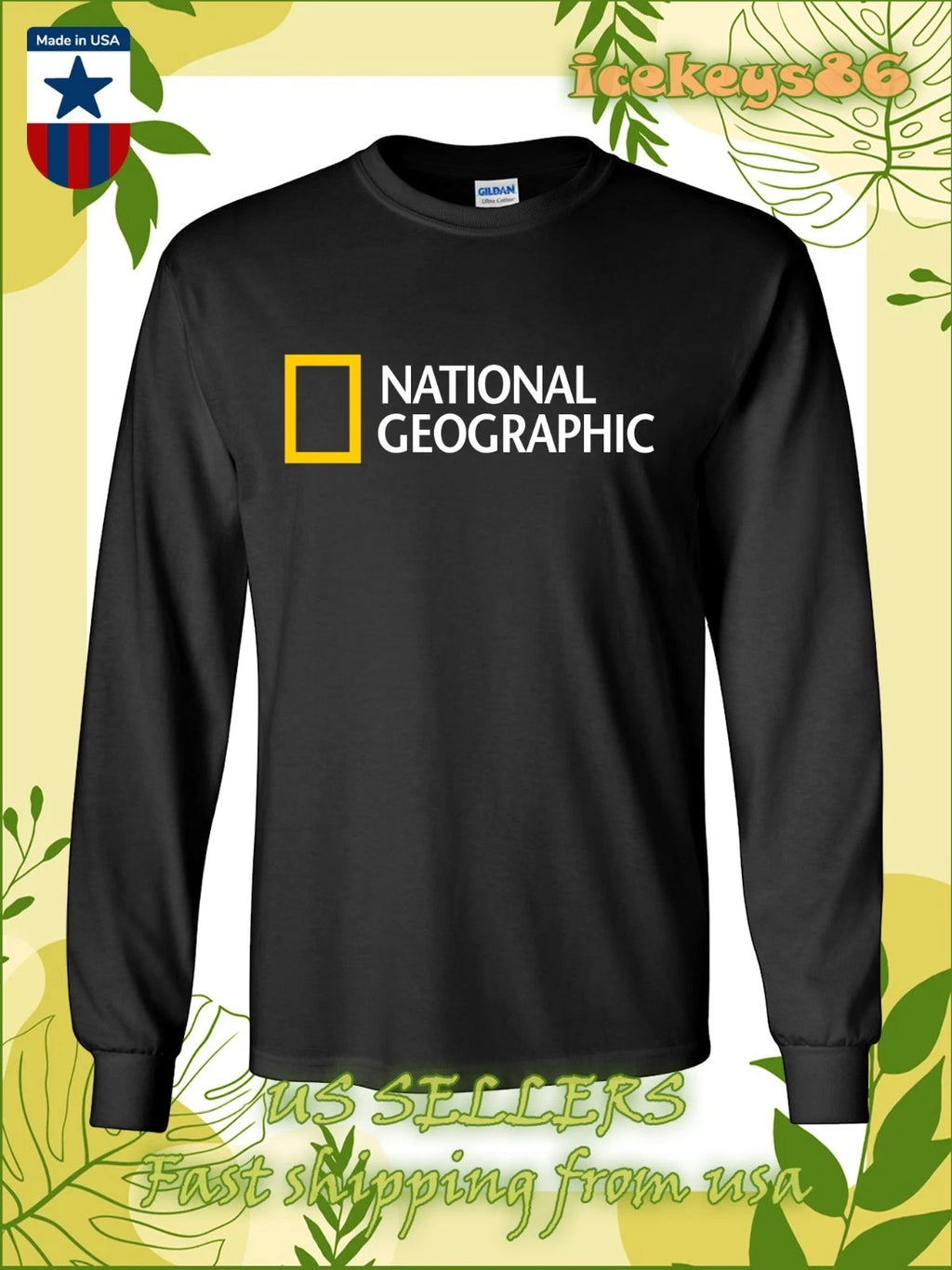 New National Geographic Logo Men's Long Sleeve T-Shirt American Tee Shirt