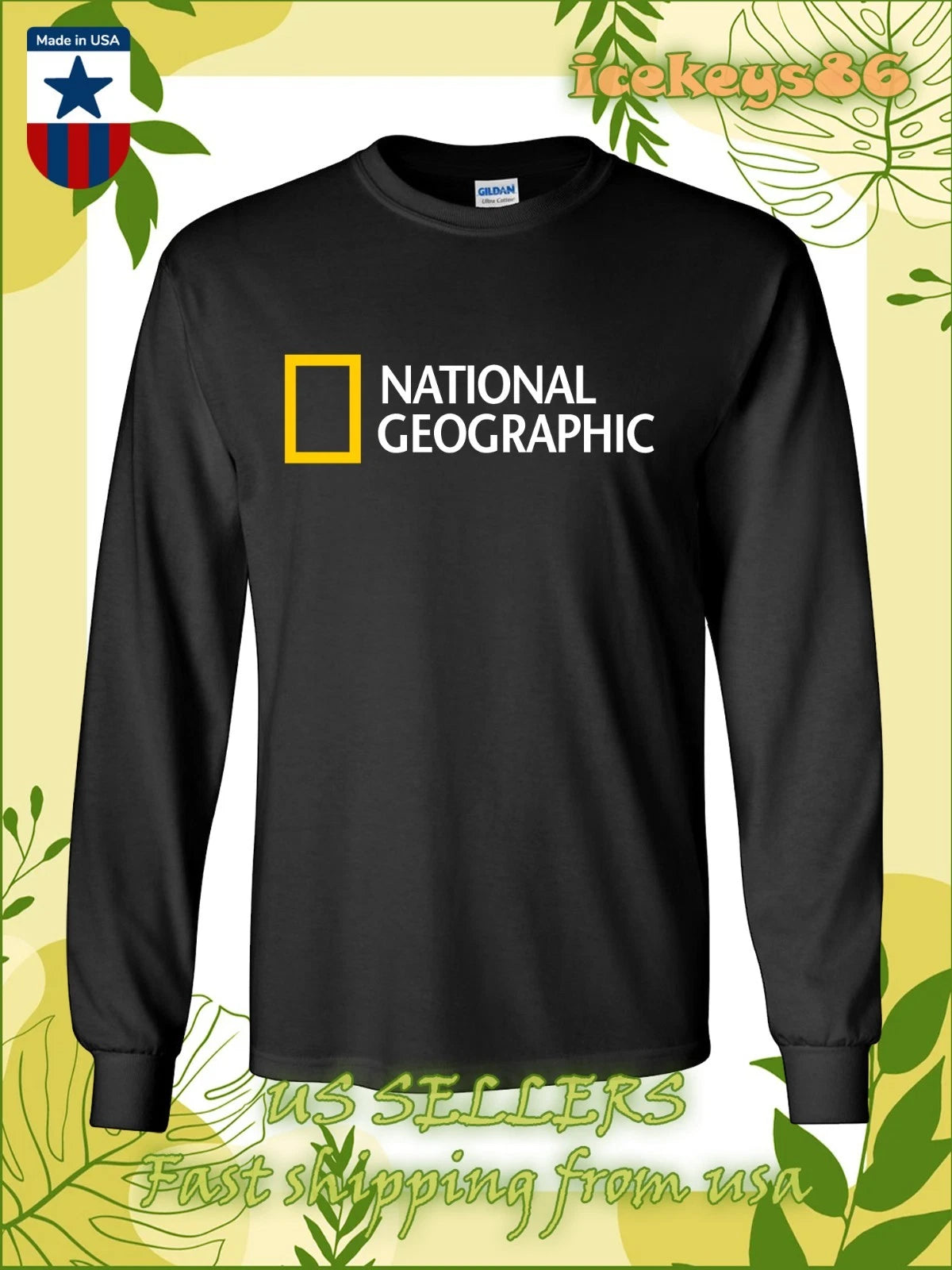 New National Geographic Logo Men's Long Sleeve T-Shirt American Tee Shirt