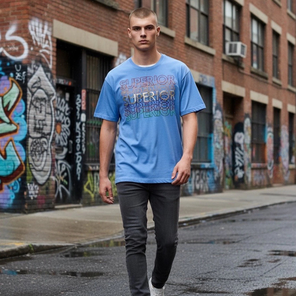 Bushwick Supply MENS MED Superior 3D Raised Graphic T-Shirt Tee Blue Reflective