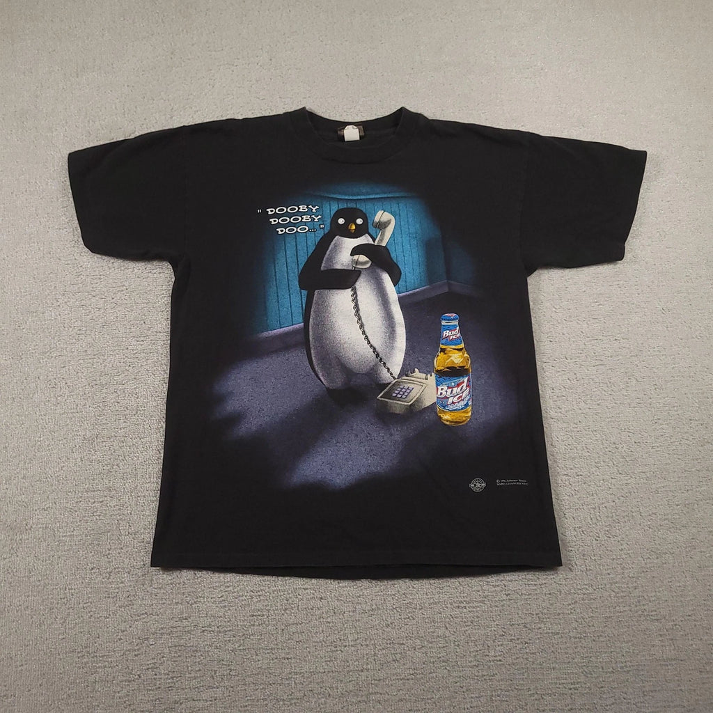VINTAGE Bud Ice Penguin Shirt Mens Large Black Dooby Dooby Doo Beer 90s USA