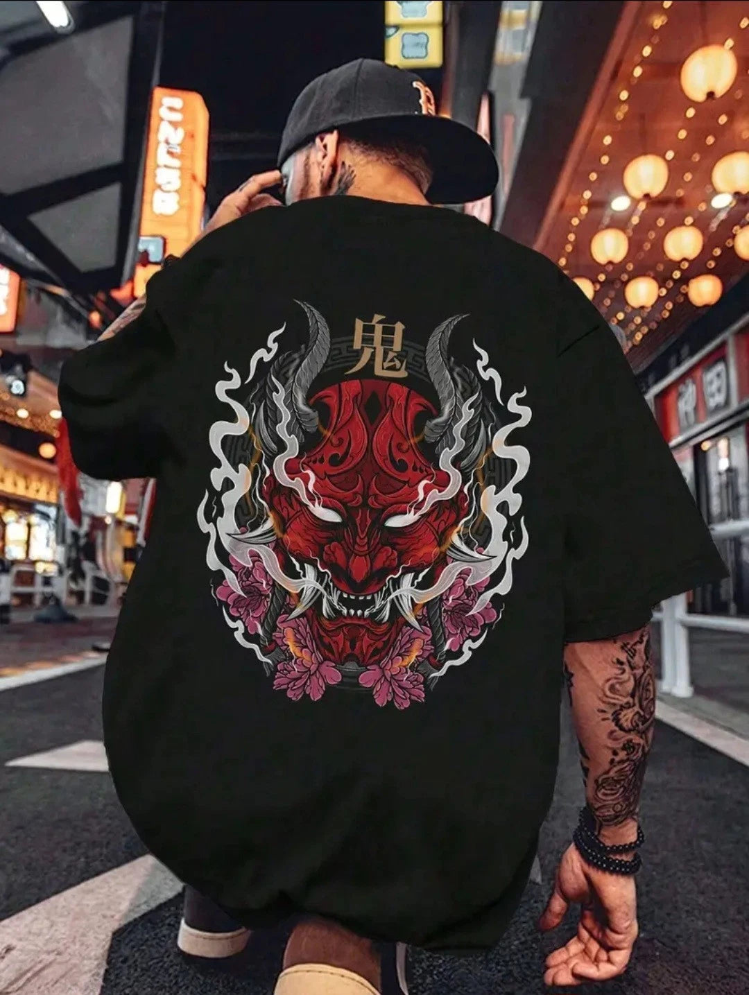 Mens XL Black Japanese Oni T-Shirt Cyberpunk Streetwear Graphic Tee Hannya Demon