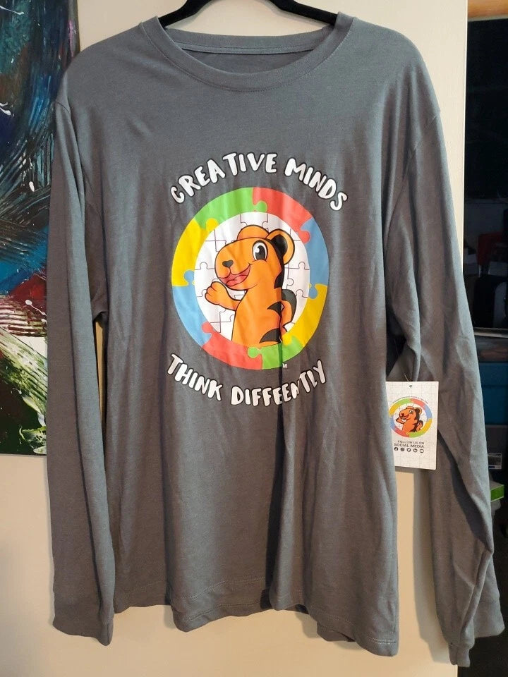 Men's Autism Awareness T-shirt LS Gray Creative Minds Think Differently Large