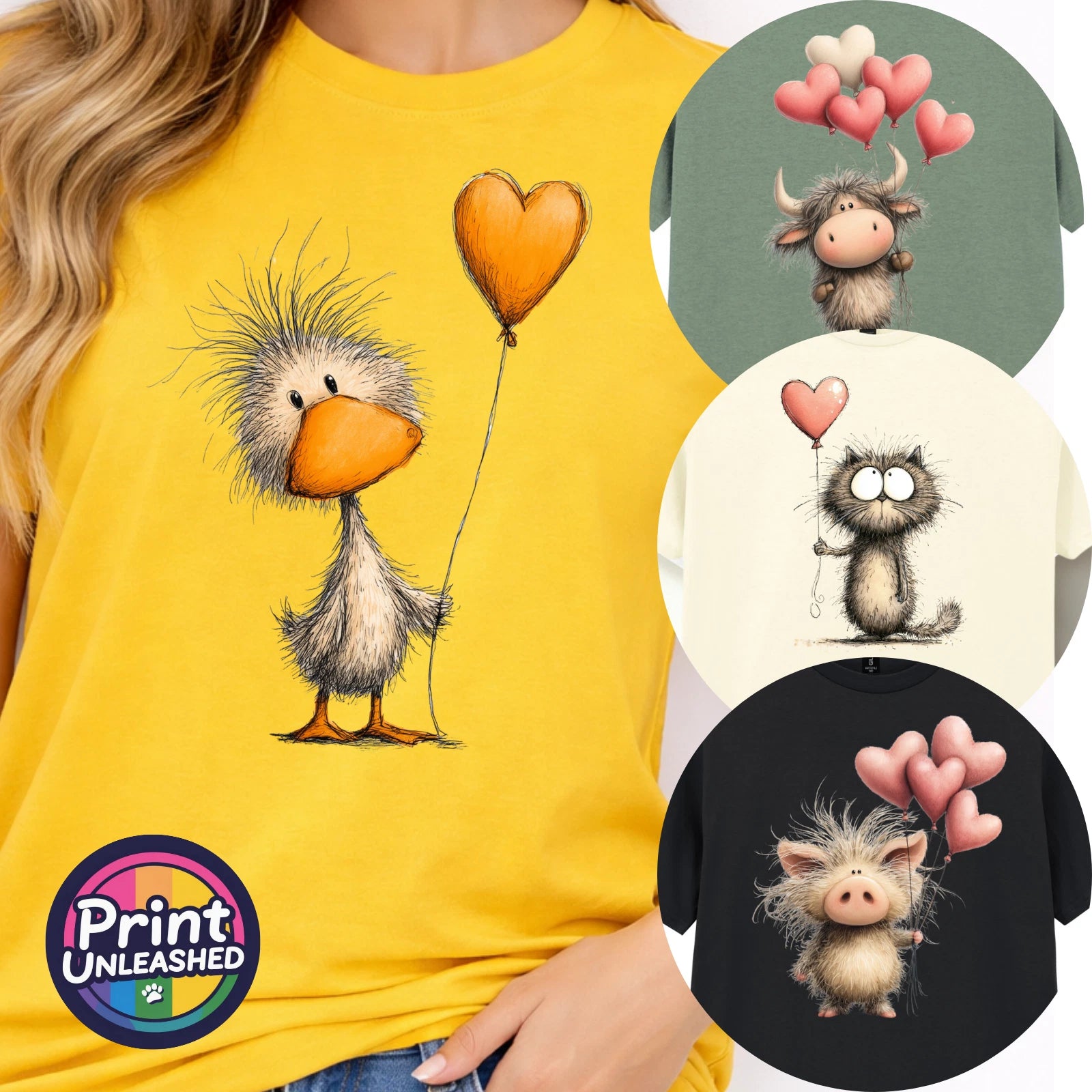 Cute Animal T-Shirt Heart Balloons Top Cow Cat Duck Pig Gildan Tee Unisex S-2XL