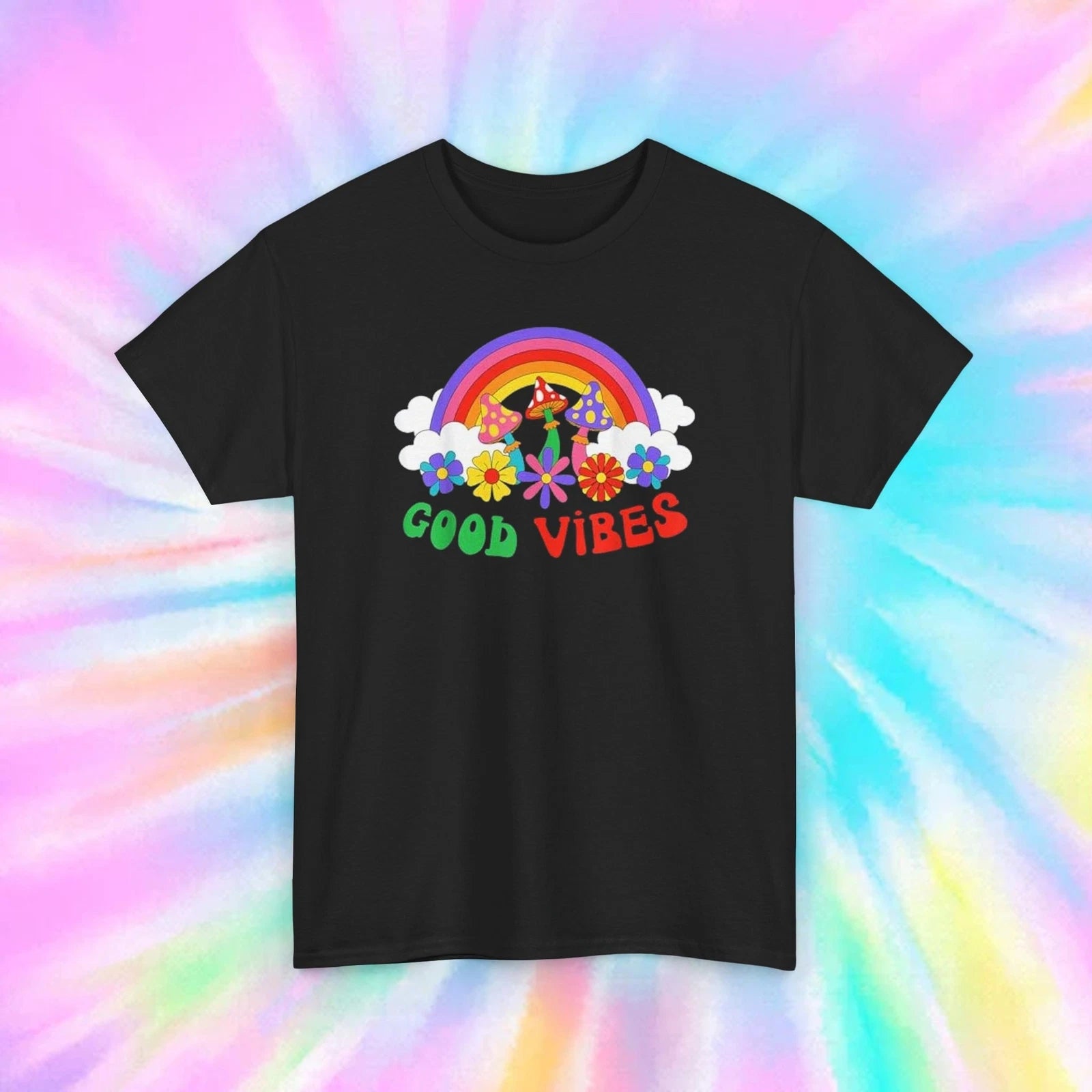 Good Vibes Shirt Rainbow Mushroom Flowers Retro Hippie Graphic Boho Tee S-5XL