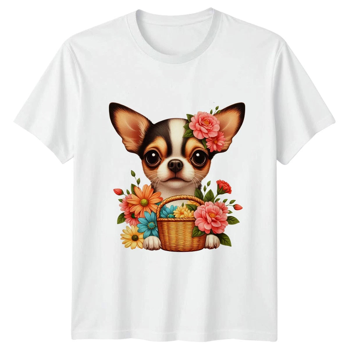 Cute Chihuahua Dog With Flowers Womens T-Shirt Pet Lover Animal Mothers Day Gift